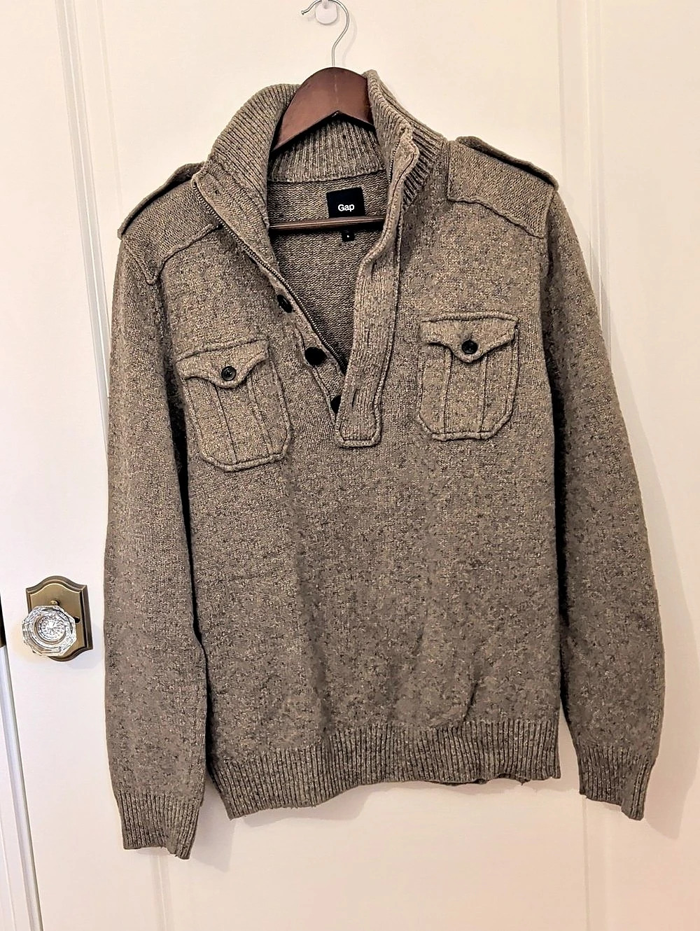Gap Mock Neck Military Button Pocket Sweater Men's Brown Knit